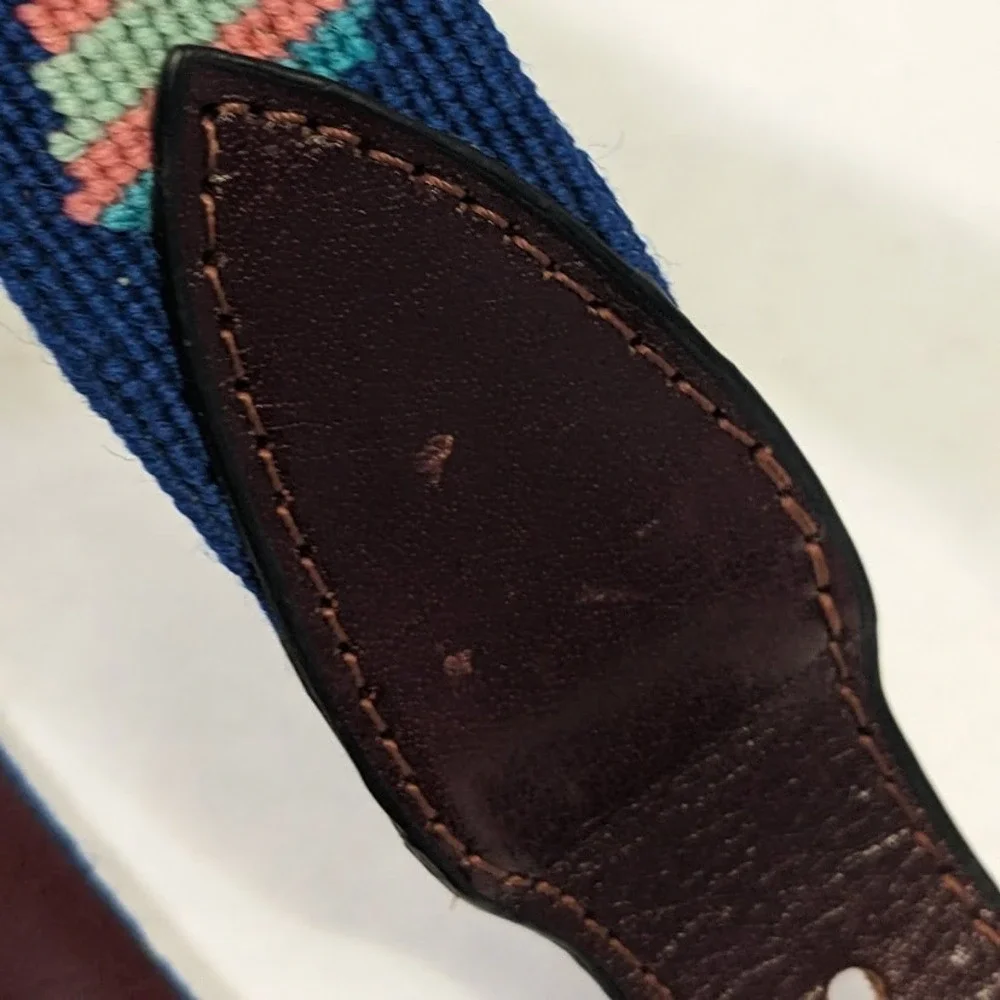 By Paige Mens Needlepoint Bow Tie Belt Blue Leather Brass Buckle Size 38 Preppy